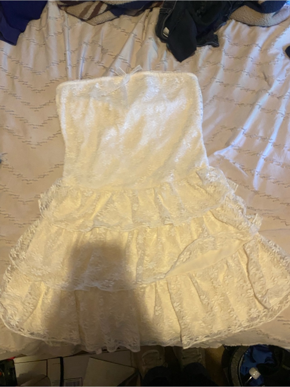 Strapless White Lace Tiered Dress